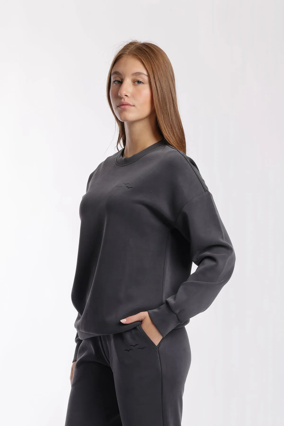 Luxe sueded double knit crewneck sweatshirt in charcoal sold by Lazypants product image thumbnail 3