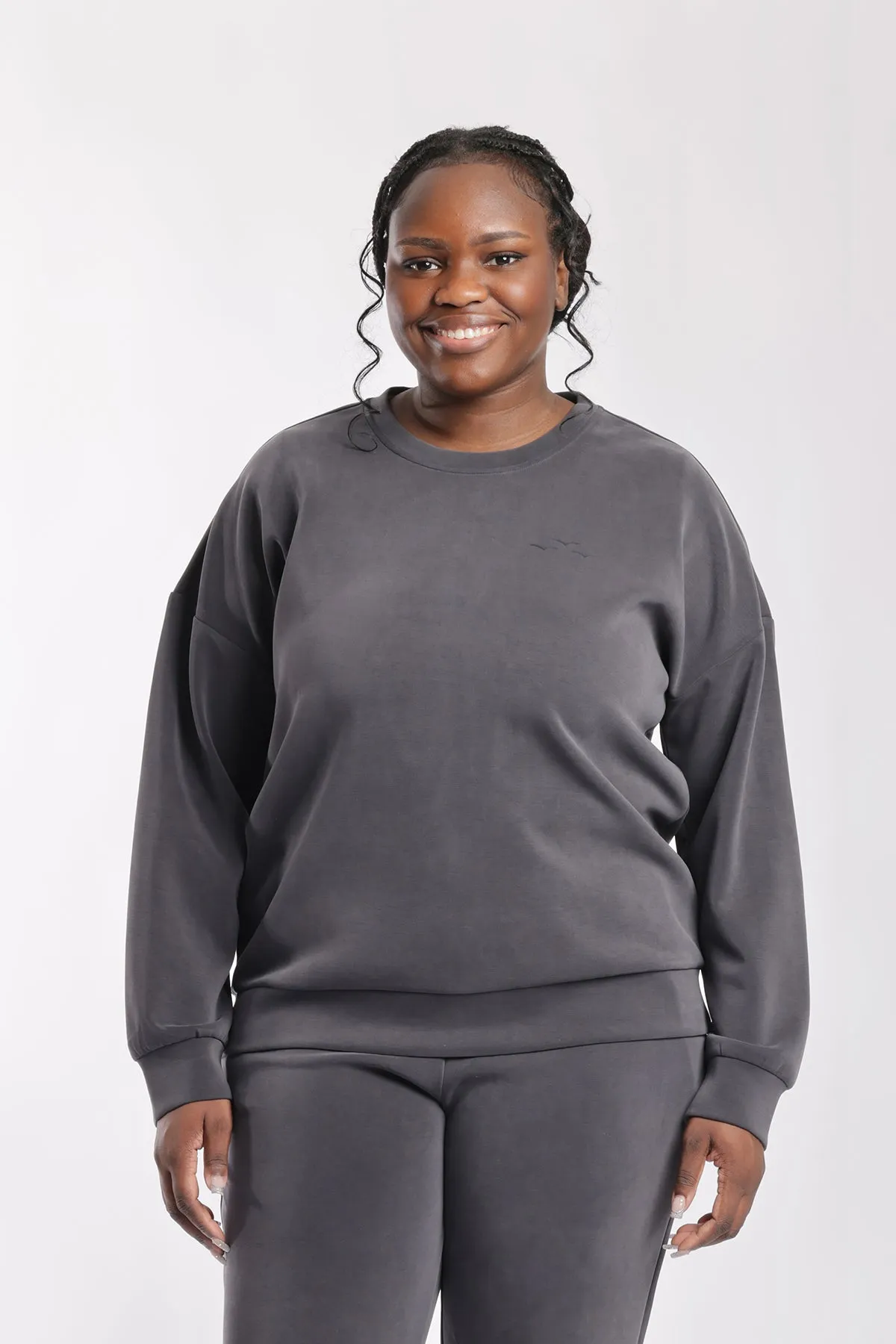 Luxe sueded double knit crewneck sweatshirt in charcoal sold by Lazypants product image thumbnail 4