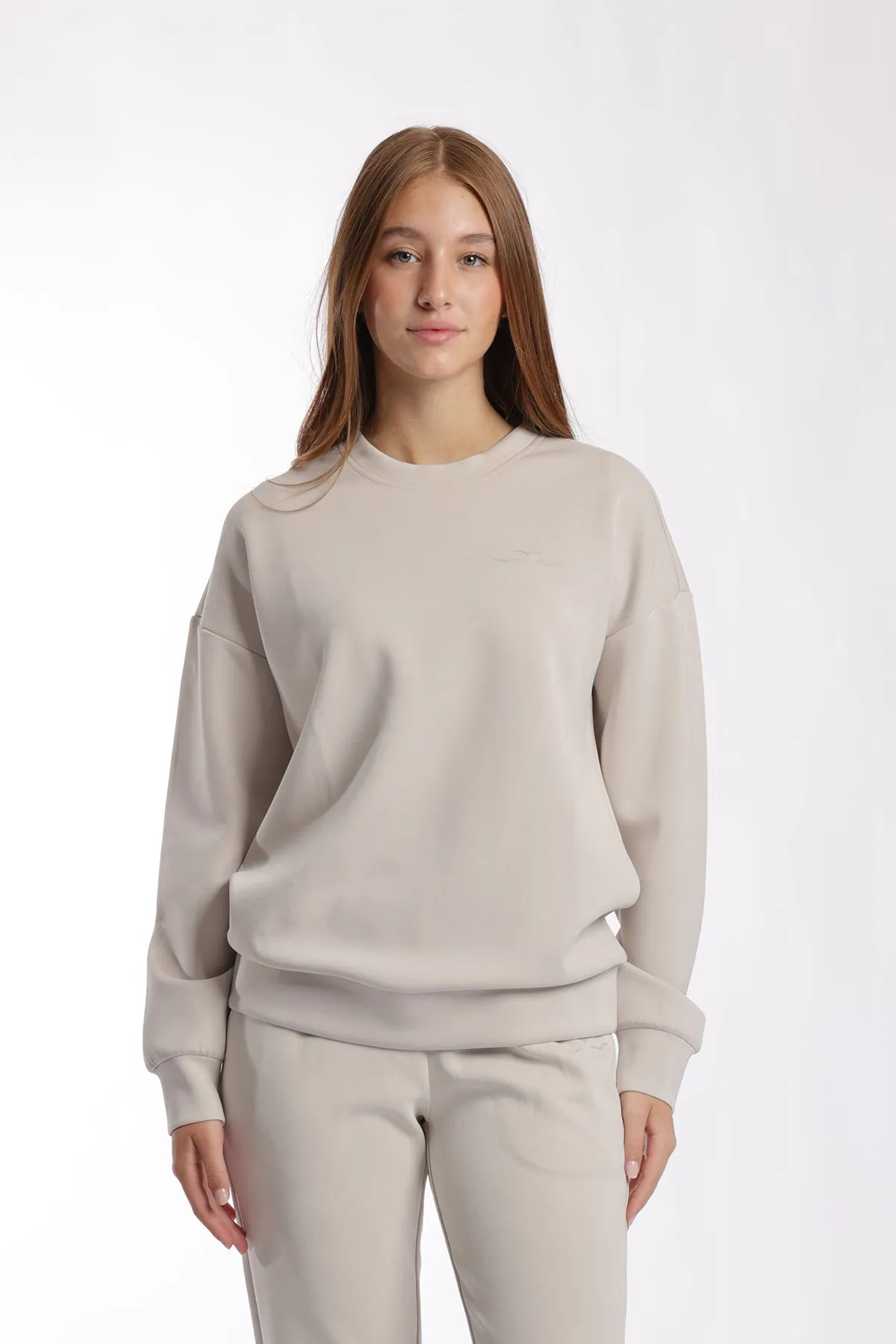 Luxe sueded double knit crewneck sweatshirt in bone sold by Lazypants