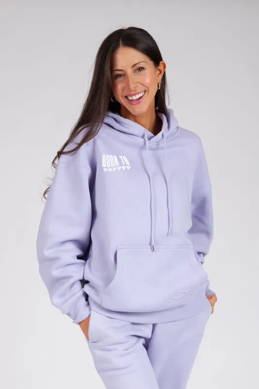 Born to Yap Hoodie in lavender sold by Lazypants