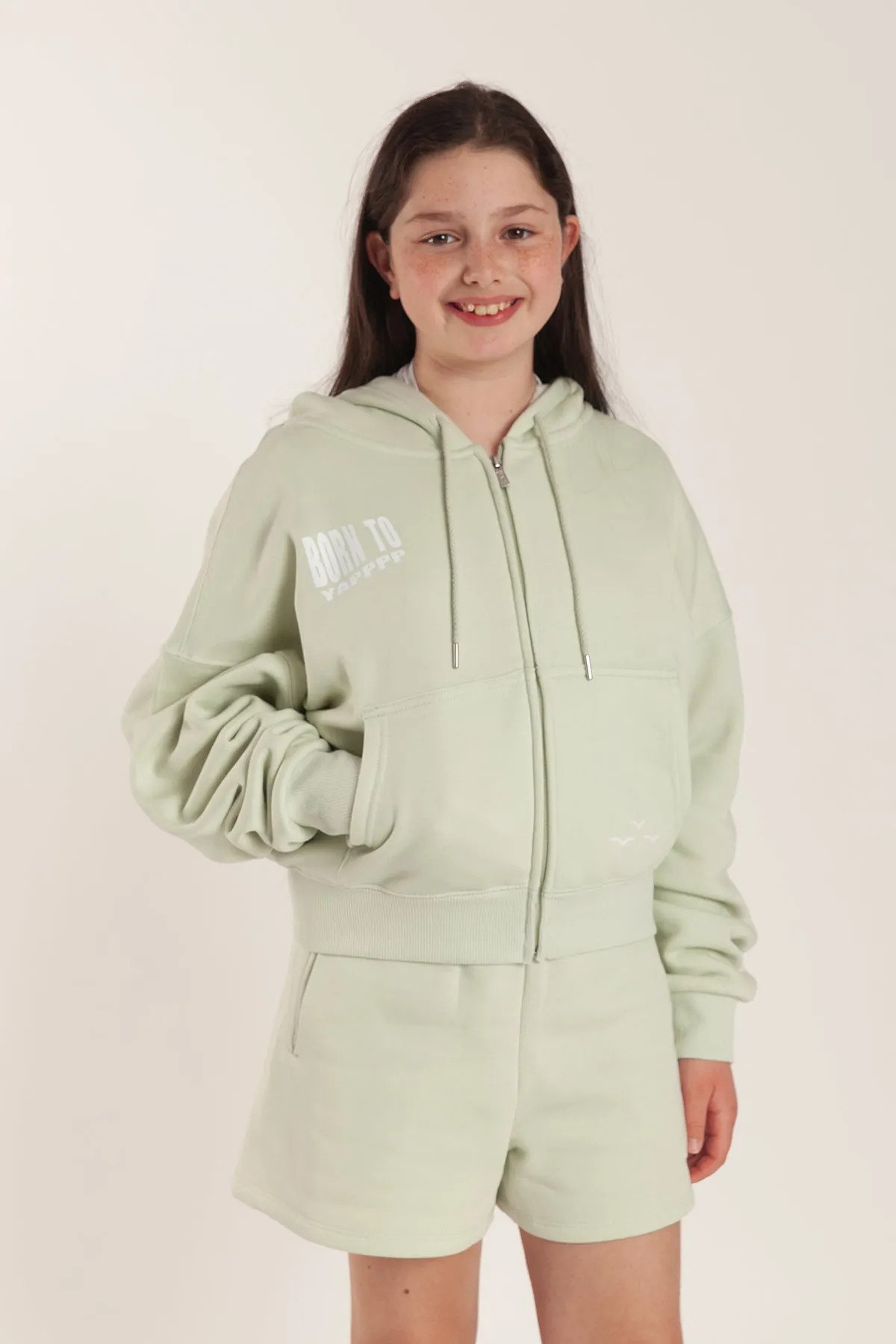 Born to Yap Zip Up Hoodie in silver green sold by Lazypants