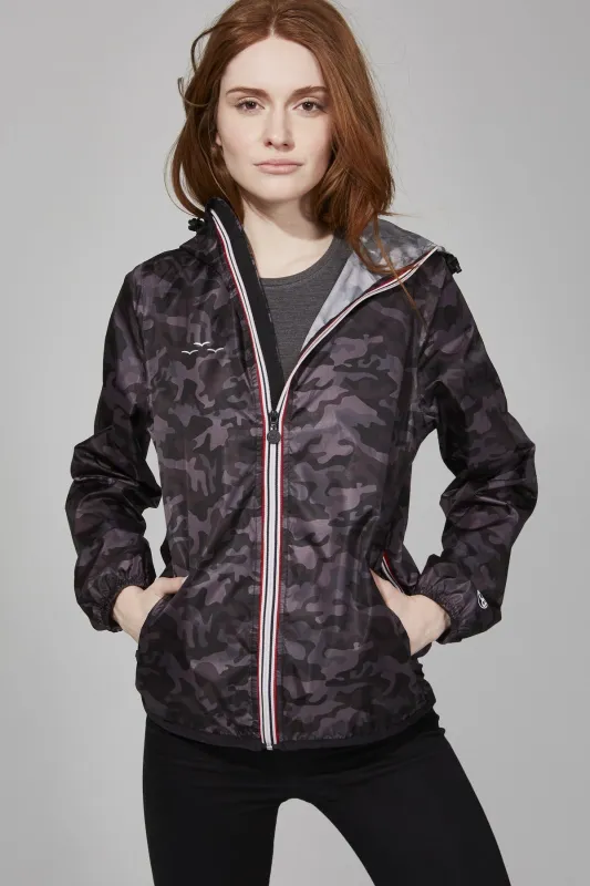 Women's black Camo Full Zip Packable Rain Jacket and windbreaker sold by Lazypants