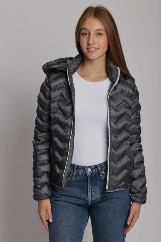 Women's packable puffer jacket in dark heather grey sold by Lazypants
