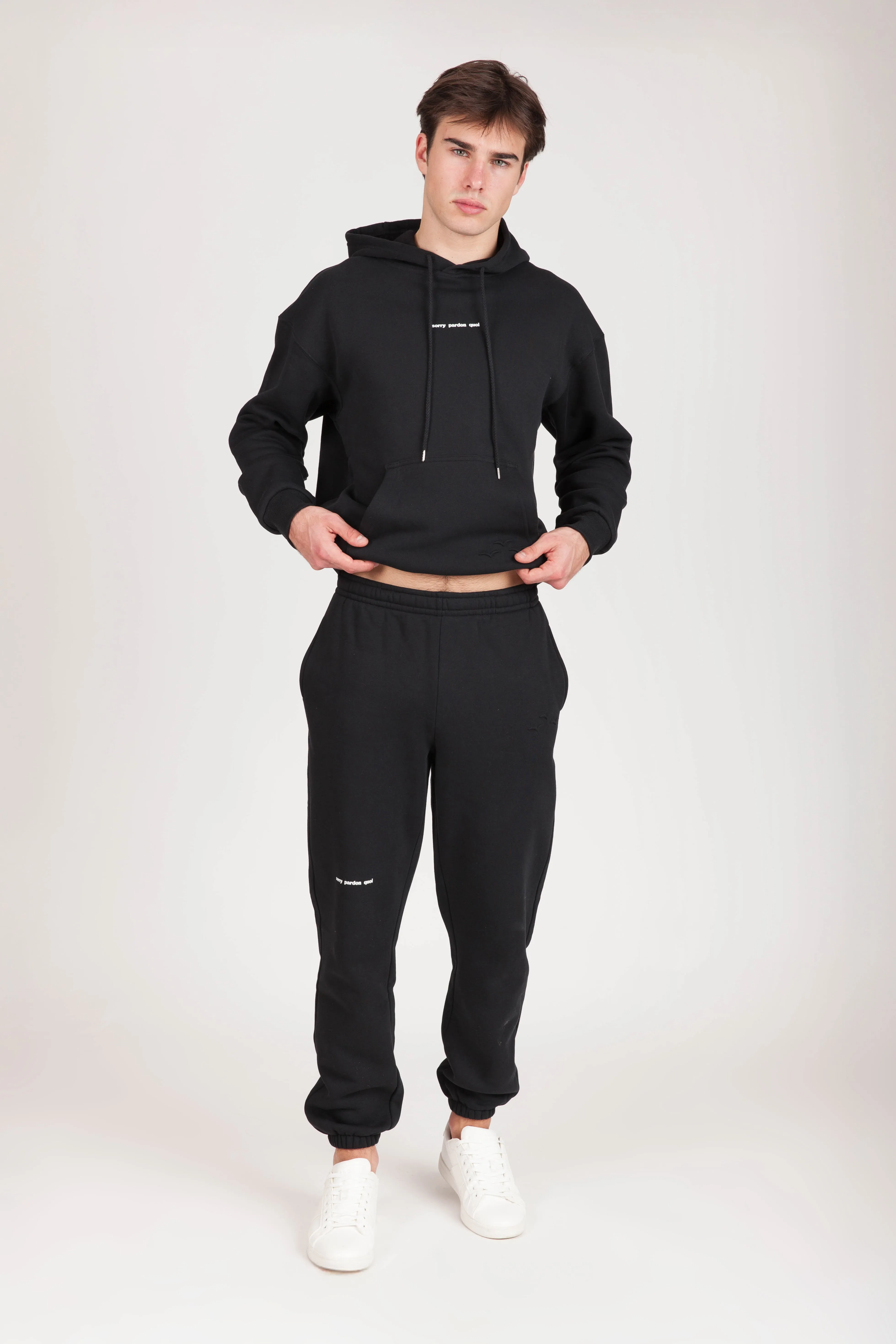 "SORRY PARDON QUOI" Men's Joggers in black sold by Lazypants