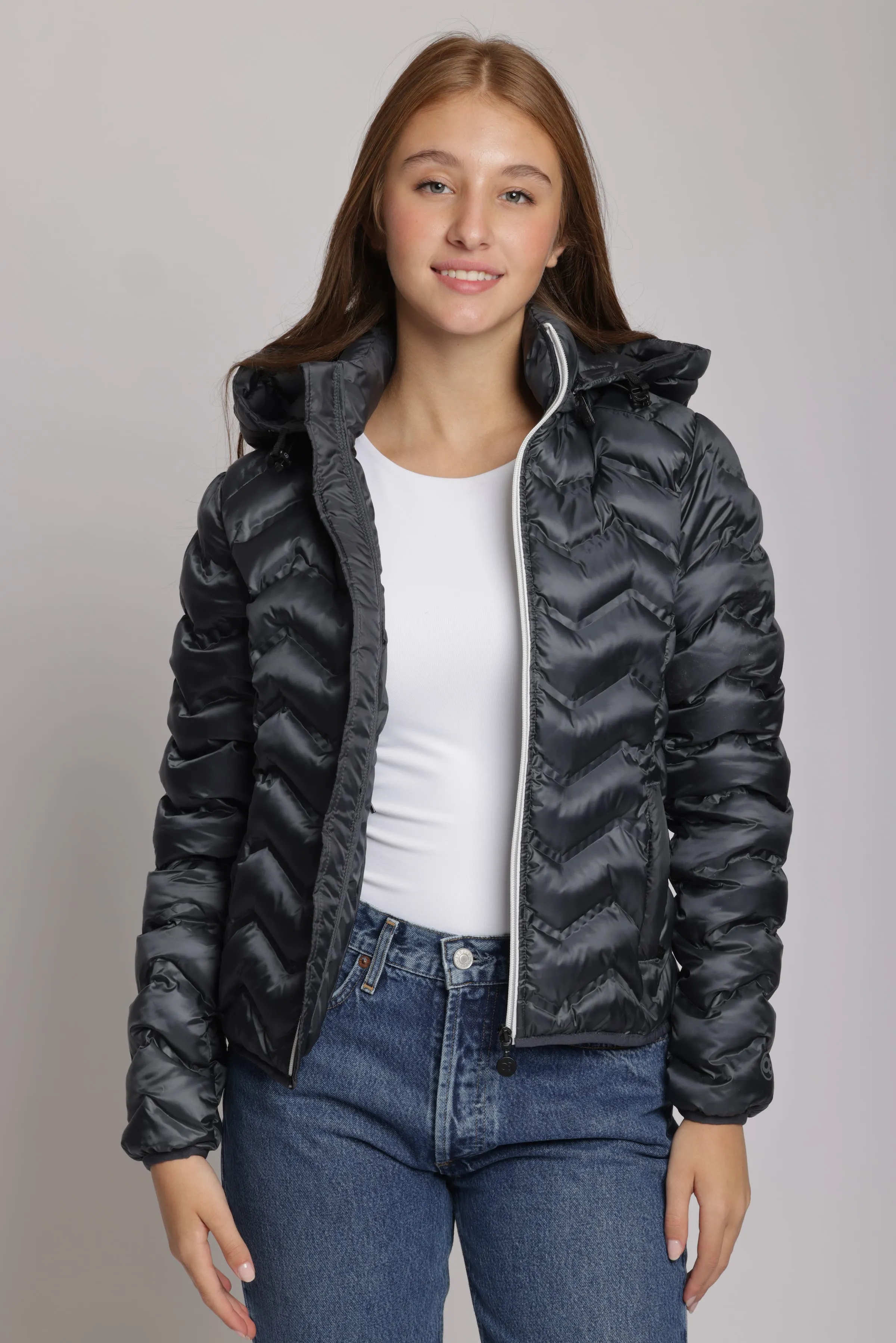 Women's packable puffer jacket in anthracite sold by Lazypants