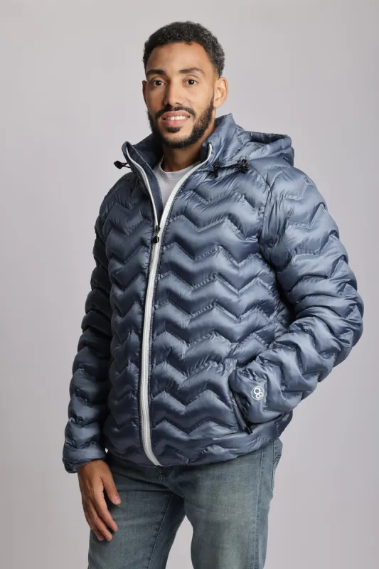 Men's packable puffer jacket in metallic cobalt sold by Lazypants