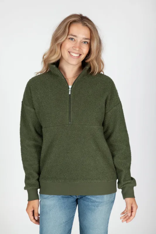 Steph Teddy Sherpa Half Zip Pullover in Winter Moss sold by Lazypants