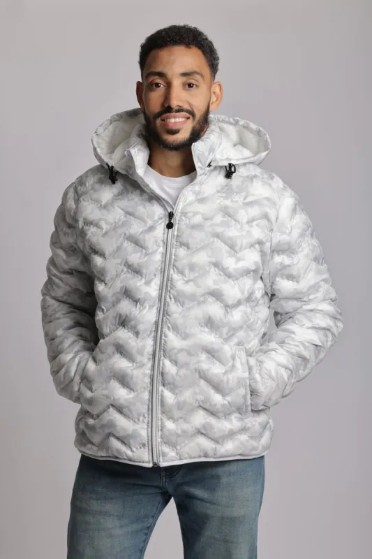 Men's packable puffer jacket in white camo sold by Lazypants