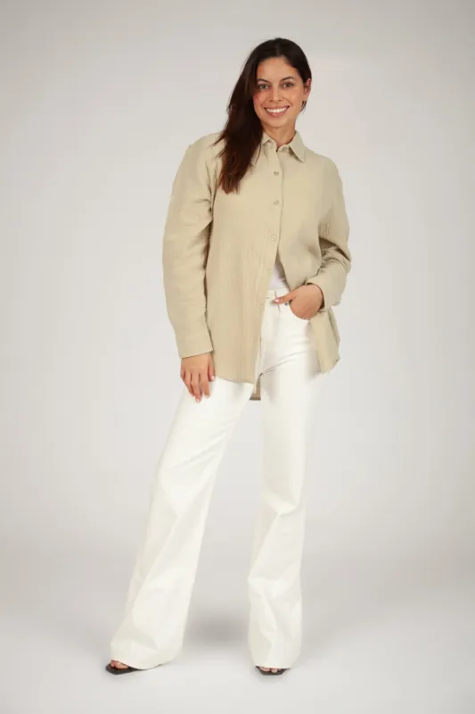 Lightweight cotton gauze button down shirt in pale olive grey sold by Lazypants