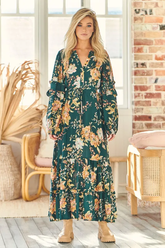 Autumn Bloom Print Shiloh Maxi Dress sold by Lilac and Mila