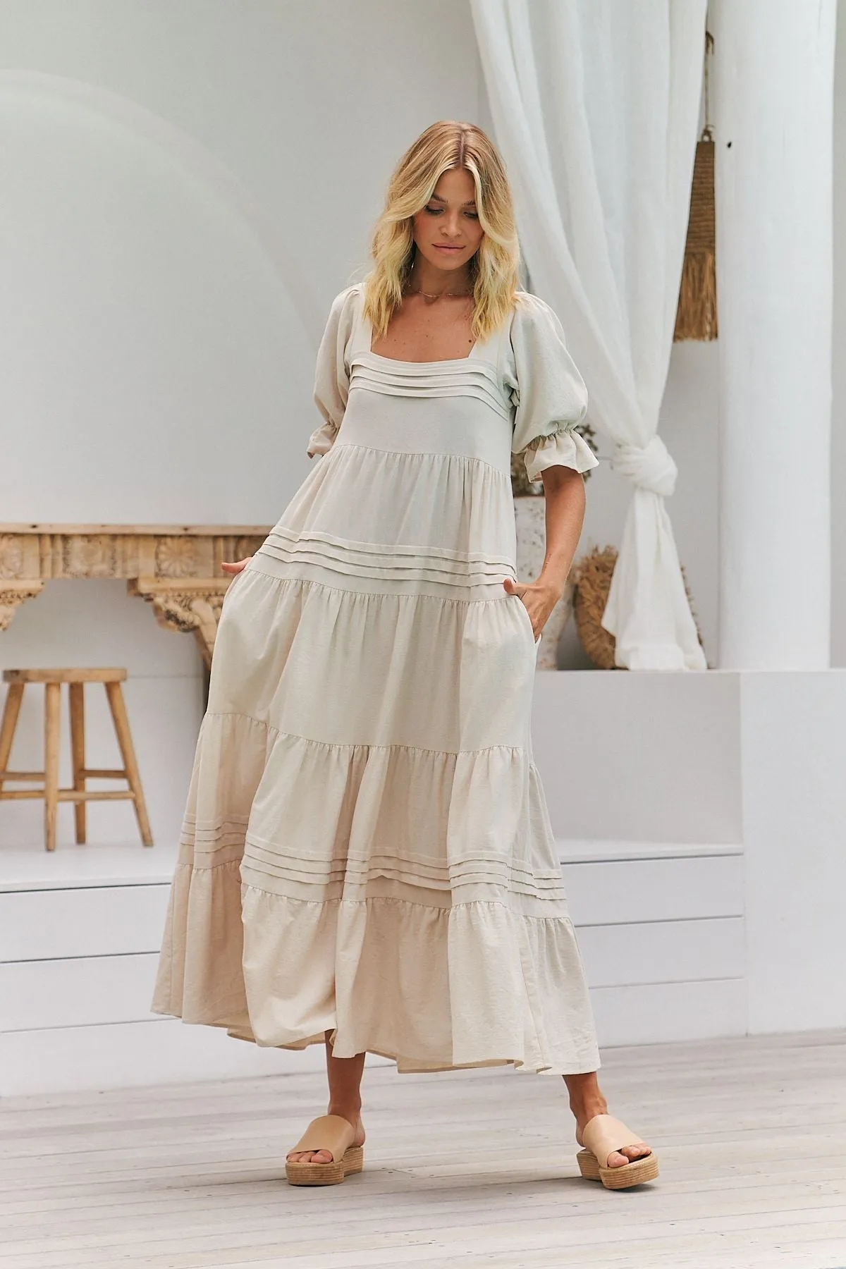 Natural Oatley print Gesele Maxi Dress sold by Lilac and Mila