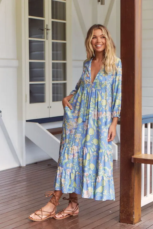 Blue Dusk Print Liliana Midi Dress sold by Lilac and Mila