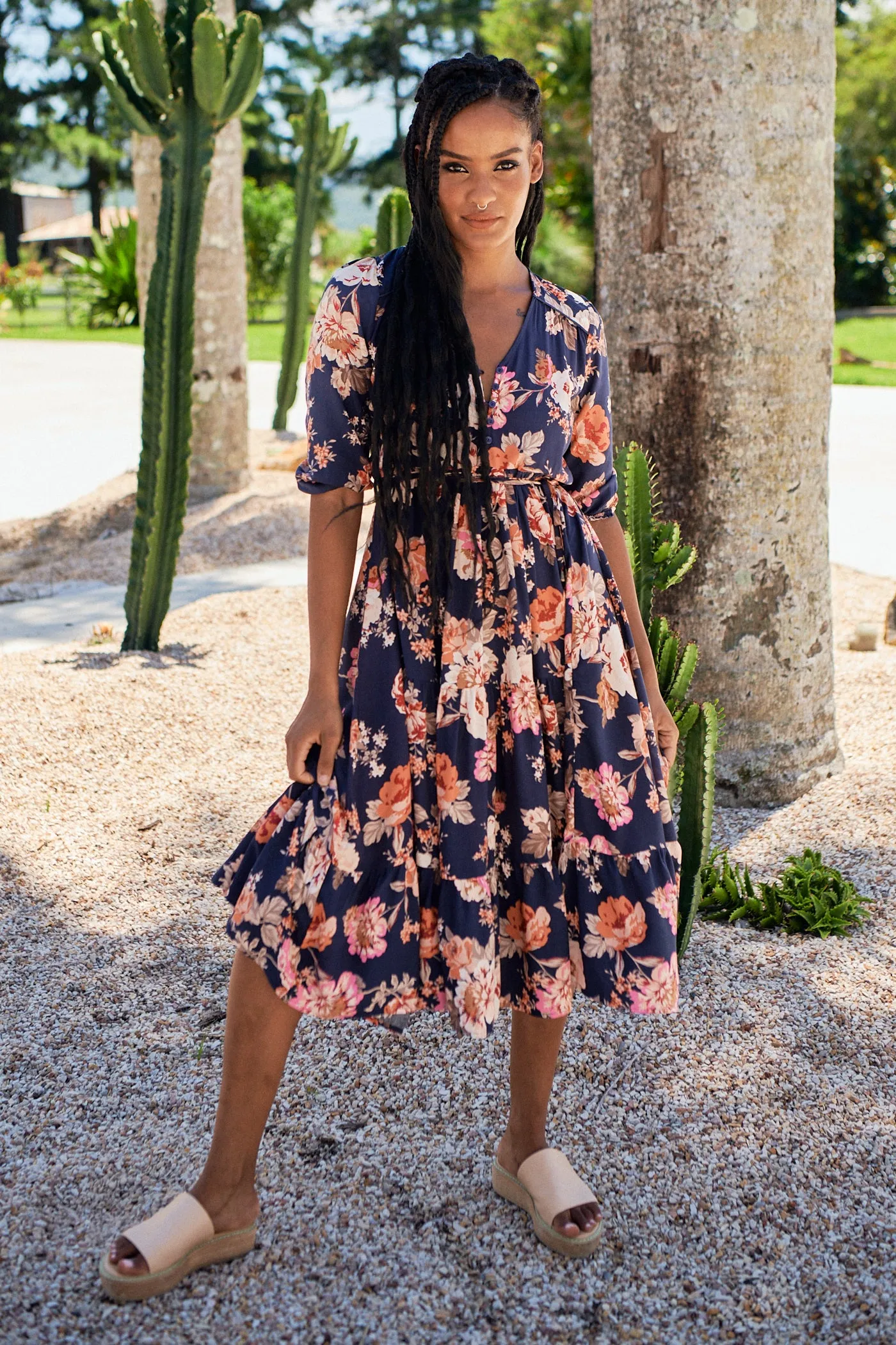 Winter Rose Navy Print Eve Midi Dress sold by Lilac and Mila