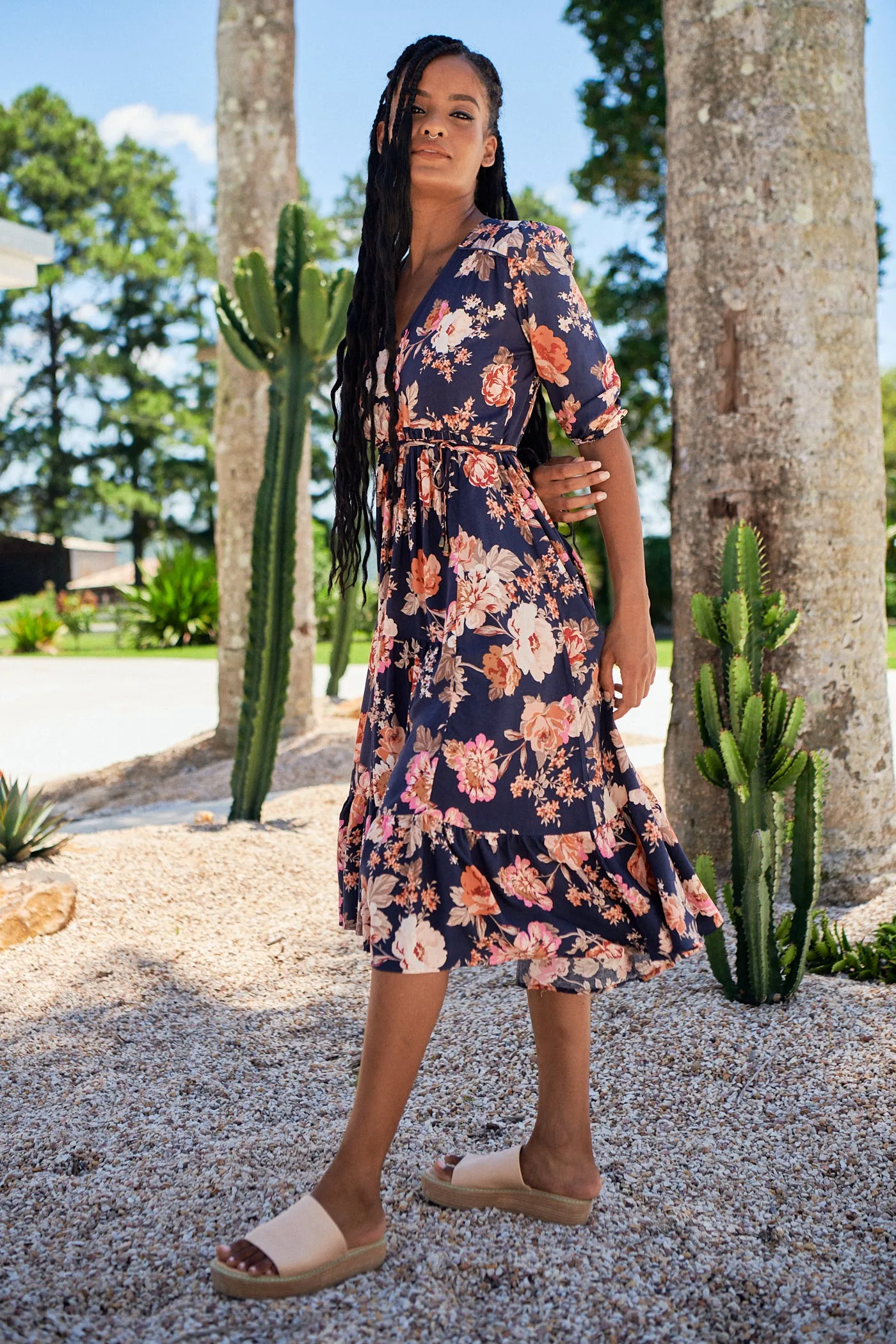Winter Rose Navy Print Eve Midi Dress sold by Lilac and Mila product image thumbnail 5