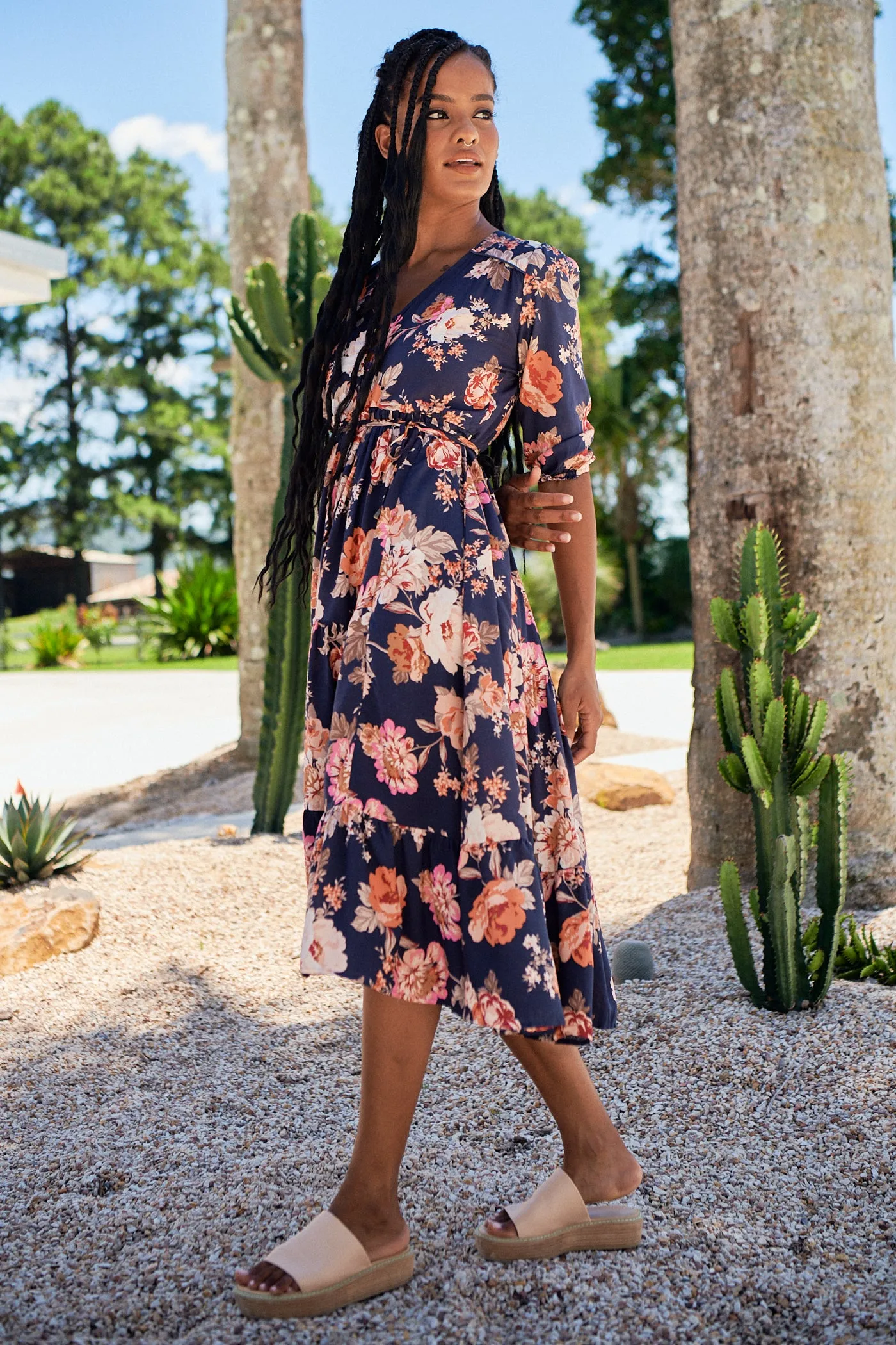 Winter Rose Navy Print Eve Midi Dress sold by Lilac and Mila product image thumbnail 4