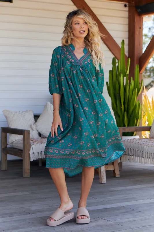 Evergreen Print Bohemian Midi Dress made by Lilac and Mila