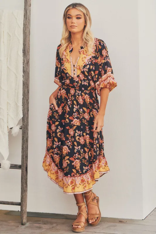 Black Phoenix Print Jasmine Midi Dress sold by Lilac and Mila