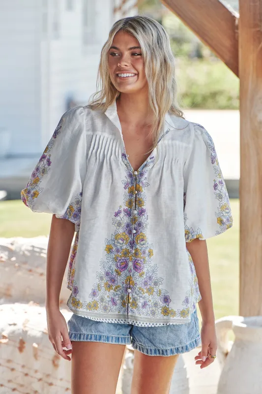 White Daylilies Print Birdie Blouse sold by Lilac and Mila