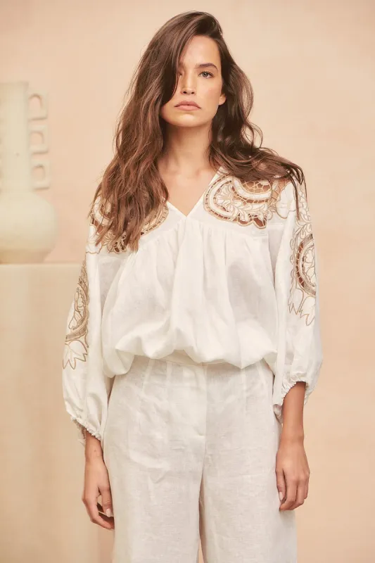 Coconut Zimmy Embroidered Blouse sold by Lilac and Mila
