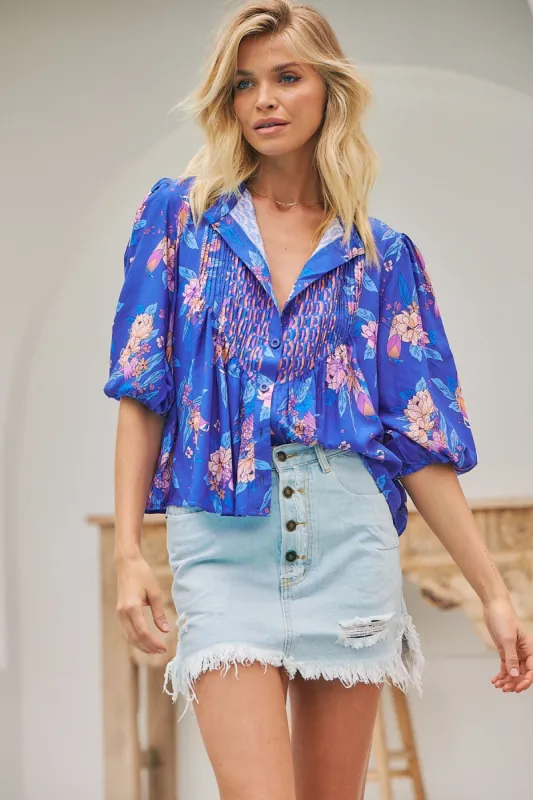 Indigo Dreams print Allyra Blouse sold by Lilac and Mila