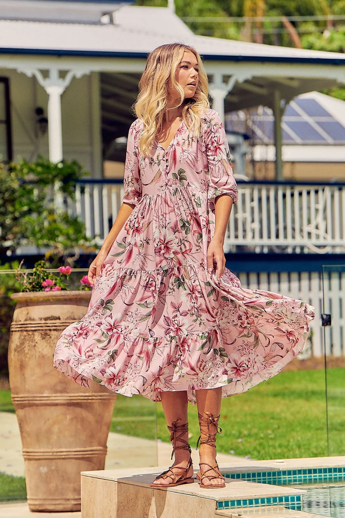 Pink Lotus Print Eve Midi Dress sold by Lilac and Mila product image thumbnail 5