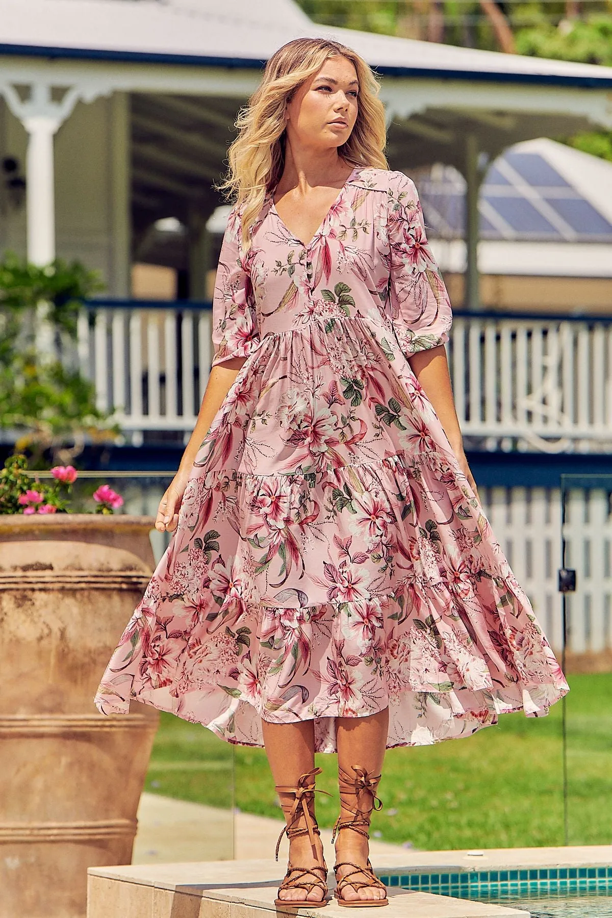 Pink Lotus Print Eve Midi Dress sold by Lilac and Mila product image thumbnail 4