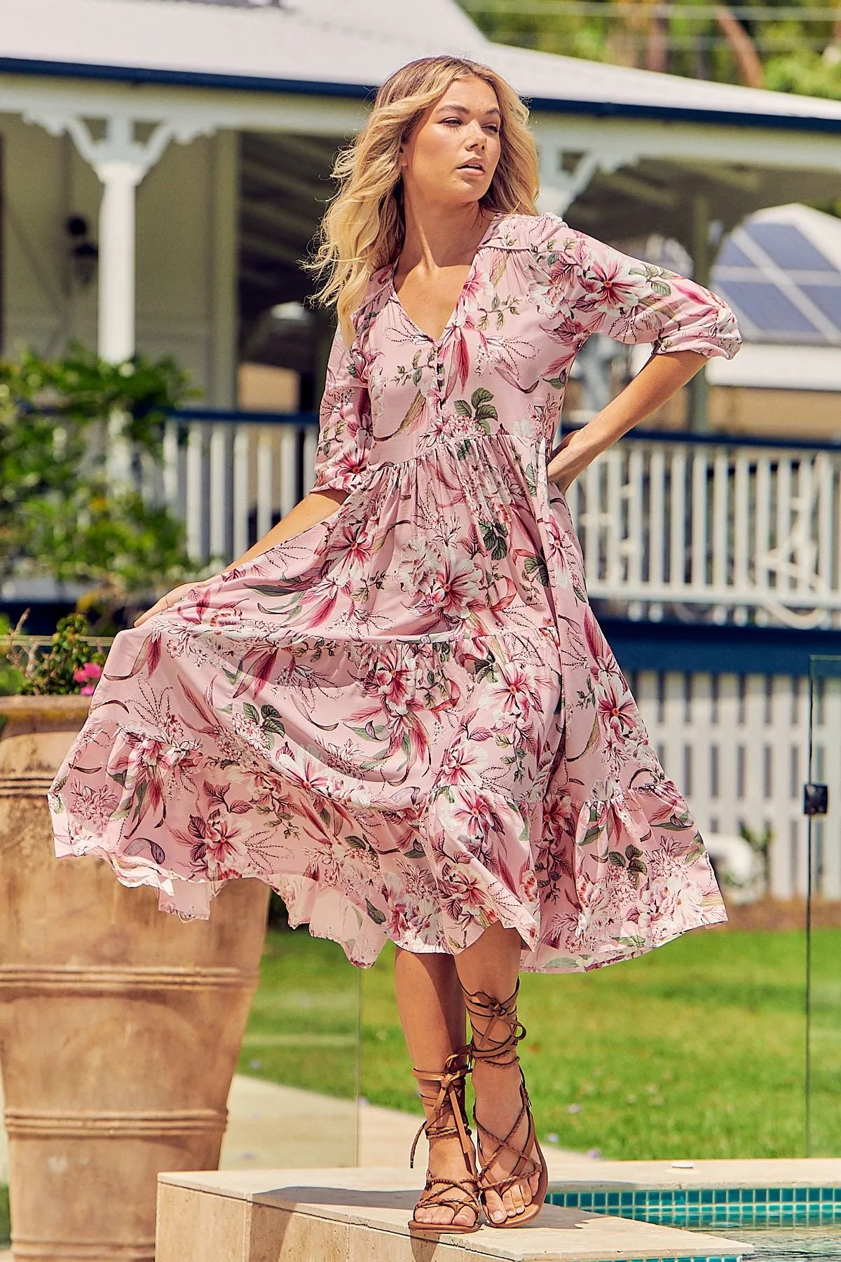 Pink Lotus Print Eve Midi Dress sold by Lilac and Mila product image thumbnail 2