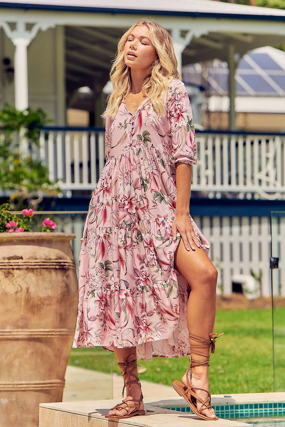 Pink Lotus Print Eve Midi Dress sold by Lilac and Mila