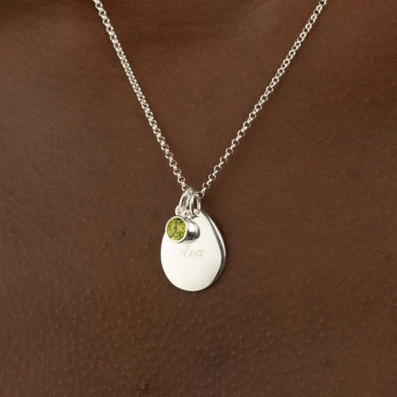 Engraved Pebble & Birthstone Charm Necklace sold by Lily Charmed