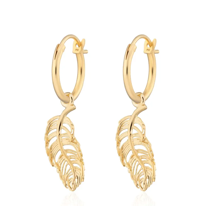 Gold Plated Feather Charm Hoop Earrings sold by Lily Charmed