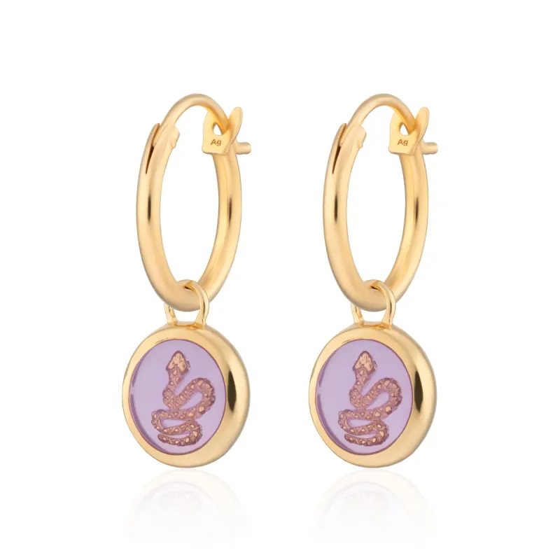 Gold Plated Purple Snake Resin Charm Hoop Earrings sold by Lily Charmed