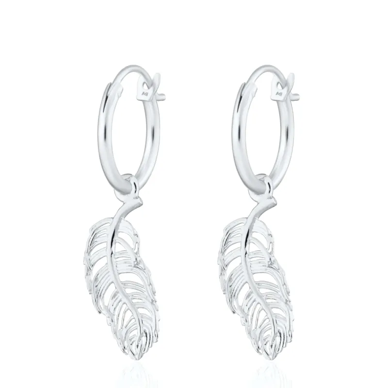 Silver Feather Charm Hoop Earrings sold by Lily Charmed