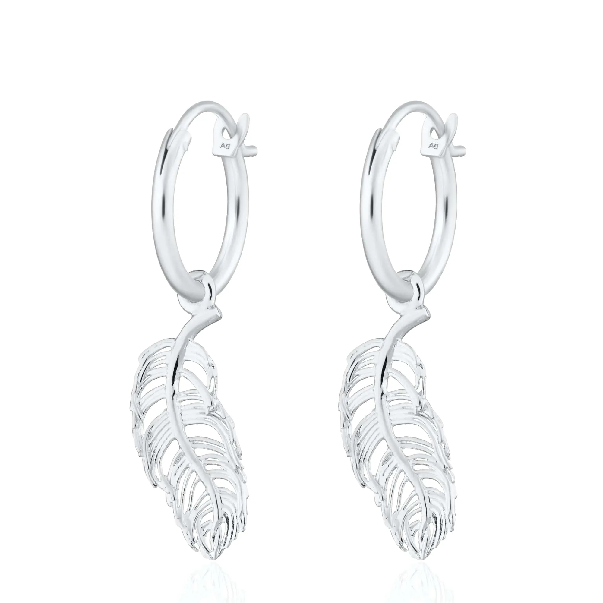 Silver Feather Charm Hoop Earrings sold by Lily Charmed