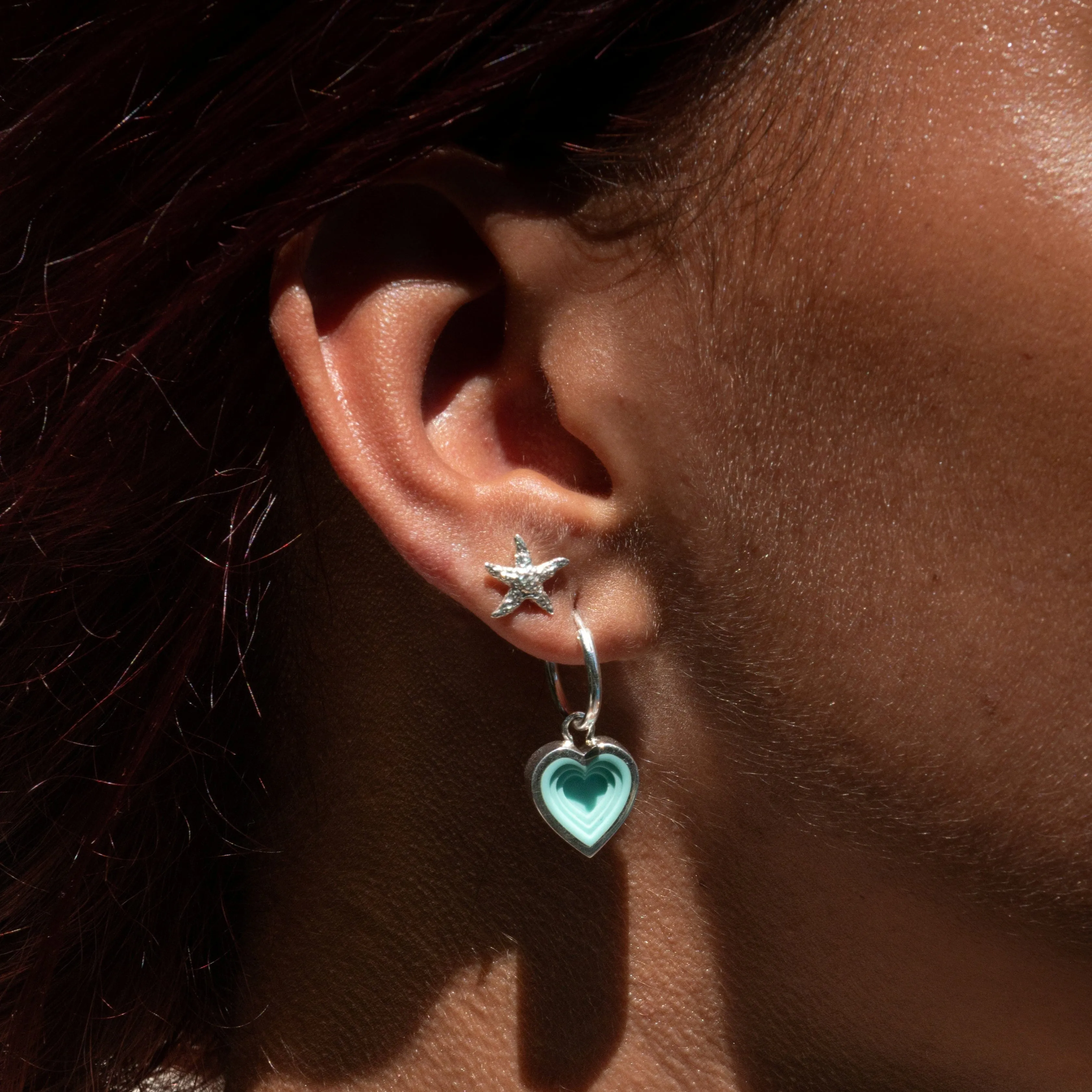 Sterling Silver Geometric Turquoise Heart Charm Hoop Earrings sold by Lily Charmed product image thumbnail 2
