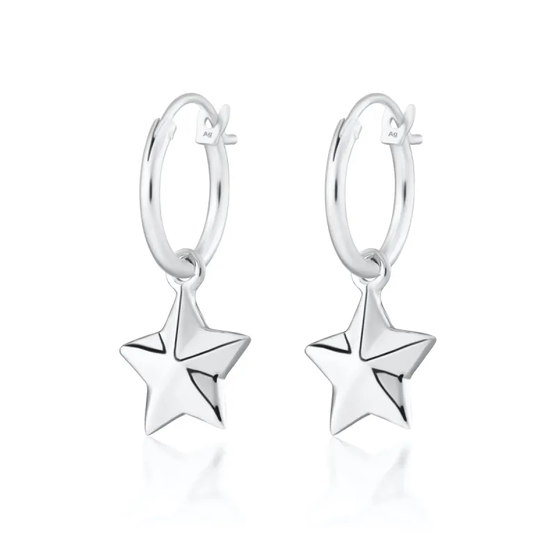 Silver Faceted Star Charm Hoop Earrings sold by Lily Charmed