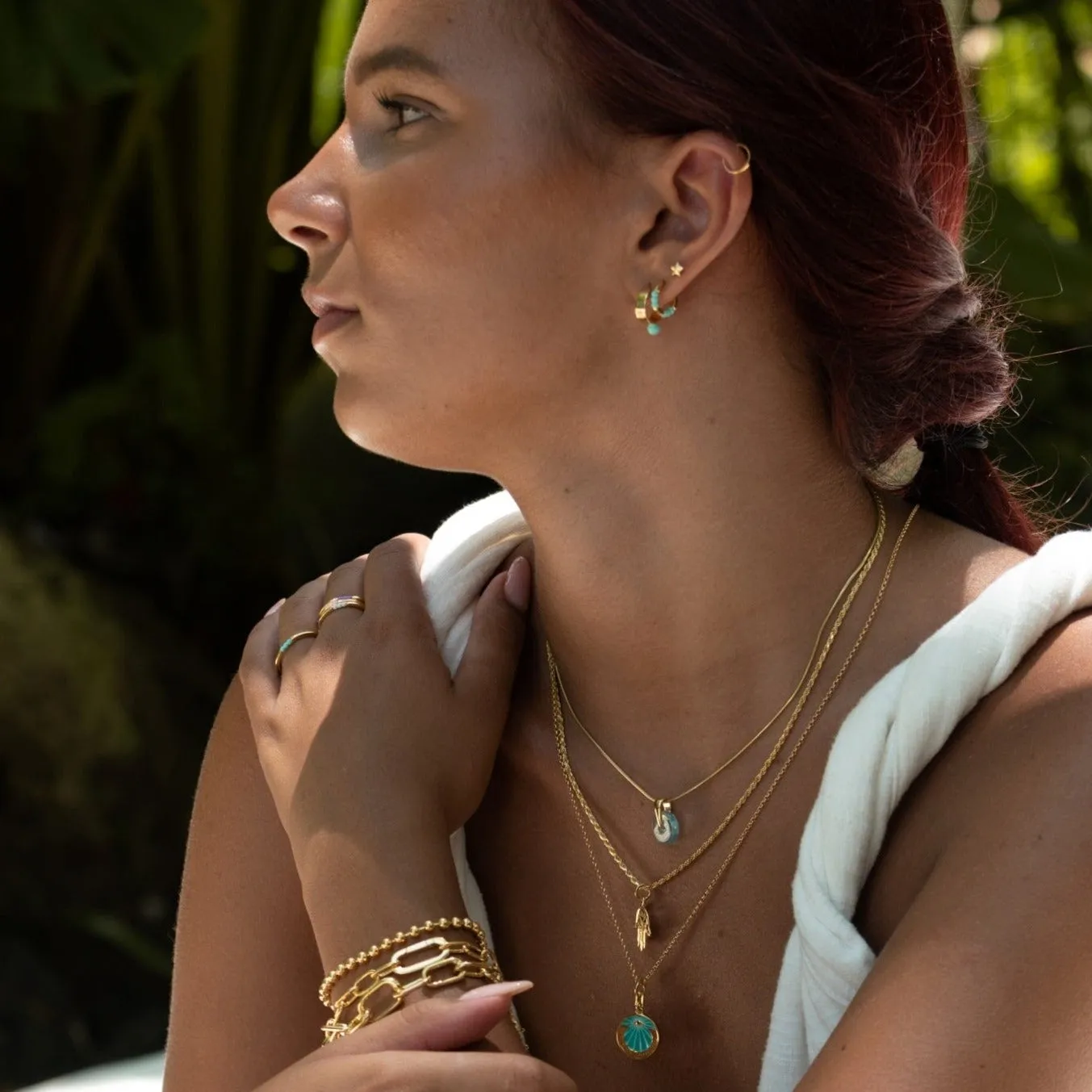 Gold Plated Wide Huggie Earrings with Turquoise Dot sold by Lily Charmed product image thumbnail 4