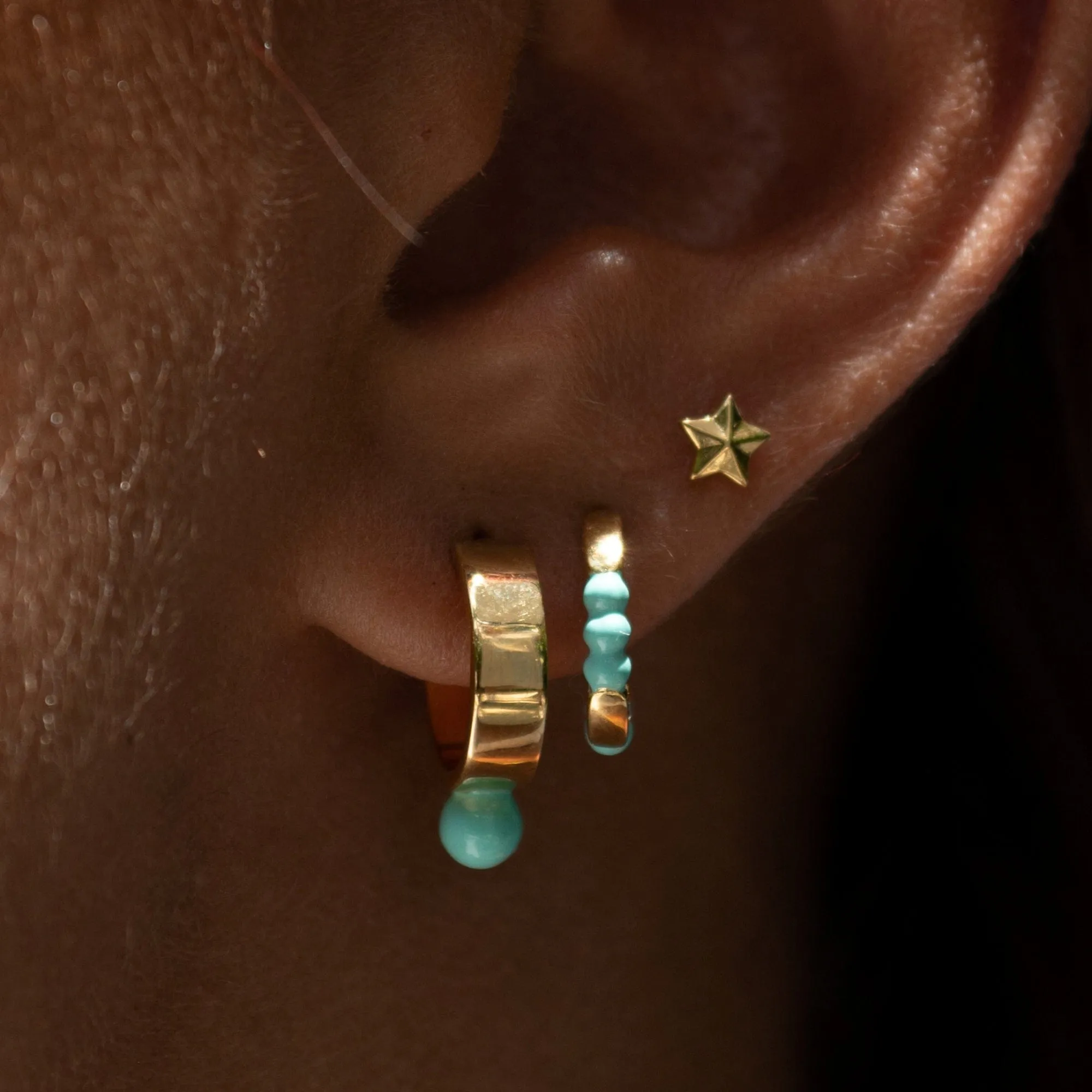 Gold Plated Wide Huggie Earrings with Turquoise Dot sold by Lily Charmed product image thumbnail 5