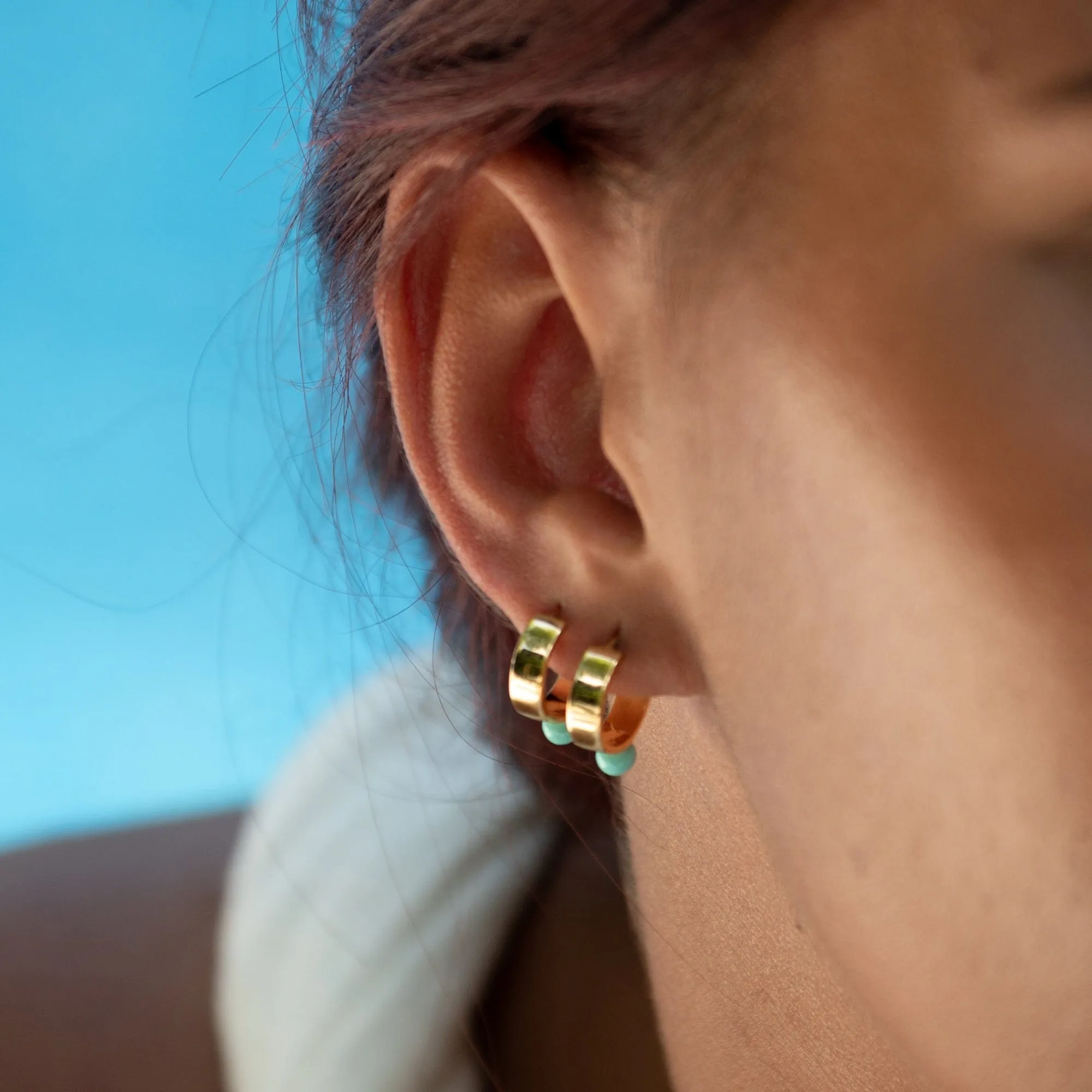 Gold Plated Wide Huggie Earrings with Turquoise Dot sold by Lily Charmed product image thumbnail 3