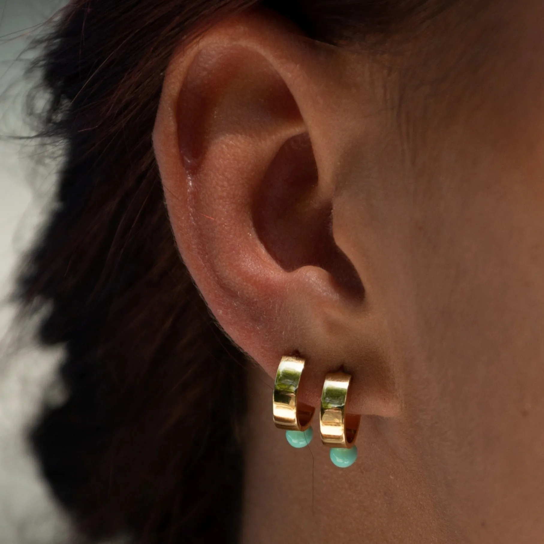Gold Plated Wide Huggie Earrings with Turquoise Dot sold by Lily Charmed product image thumbnail 2