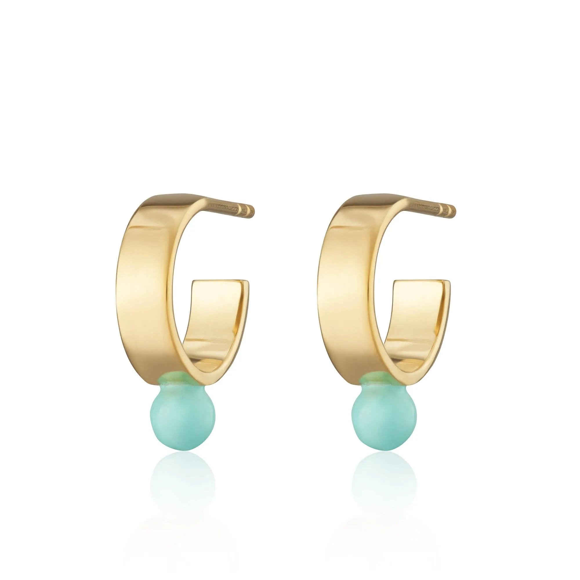 Gold Plated Wide Huggie Earrings with Turquoise Dot sold by Lily Charmed