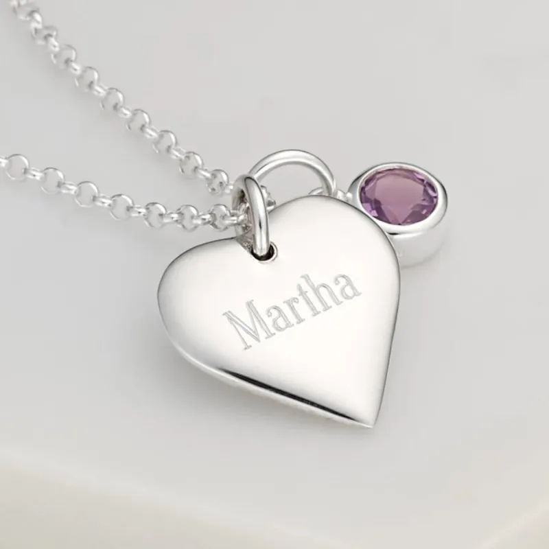 Engraved Heart & Birthstone Charm Necklace sold by Lily Charmed