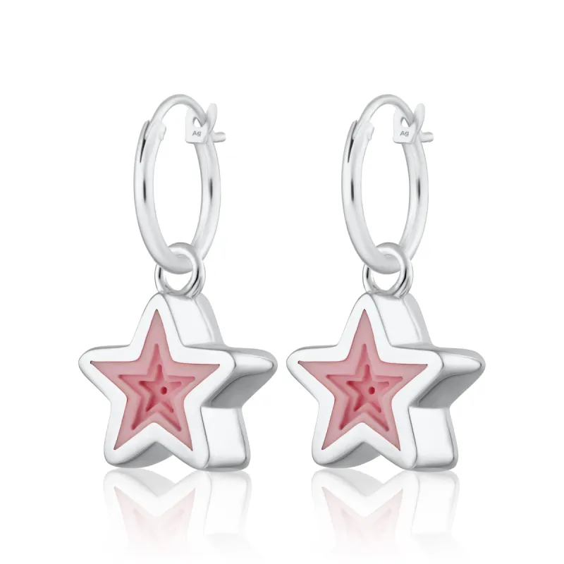 Silver Geometric Pink Star Charm Hoop Earrings sold by Lily Charmed