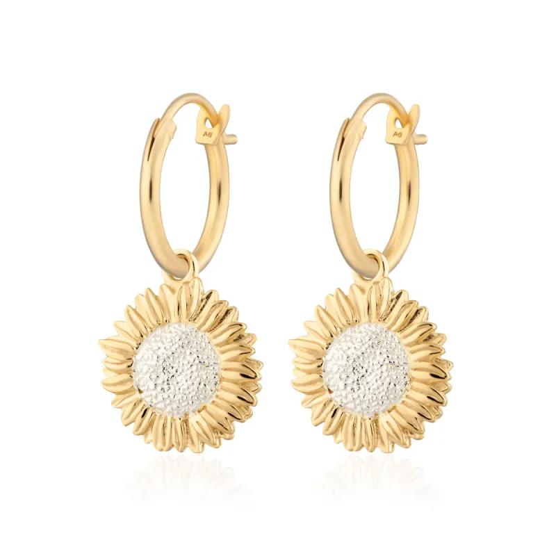 Gold Plated Sunflower Charm Hoop Earrings sold by Lily Charmed