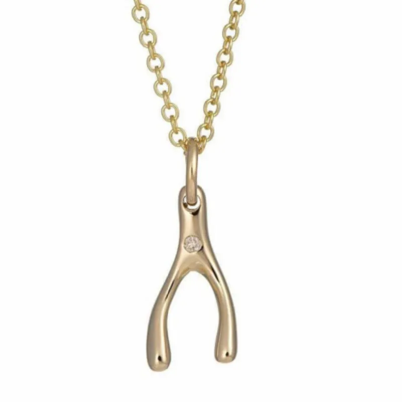 Solid 9 Carat Gold Wishbone Necklace With Diamond sold by Lily Charmed
