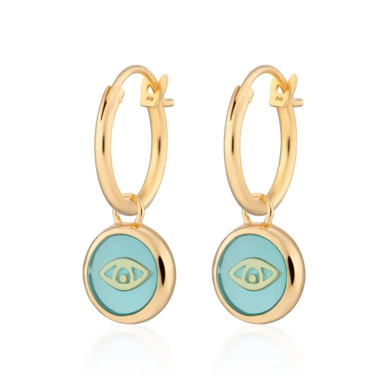 Gold Plated Turquoise Eye Resin Charm Hoop Earrings sold by Lily Charmed