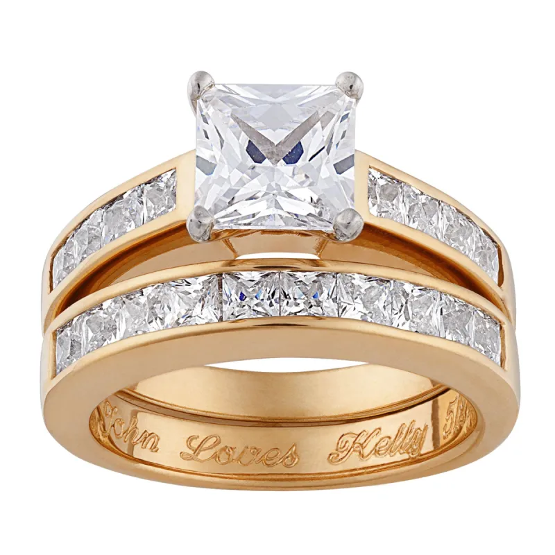 14K Gold Over Sterling Two-Piece Square CZ Engraved Wedding Ring Set sold by Limoges Jewelry