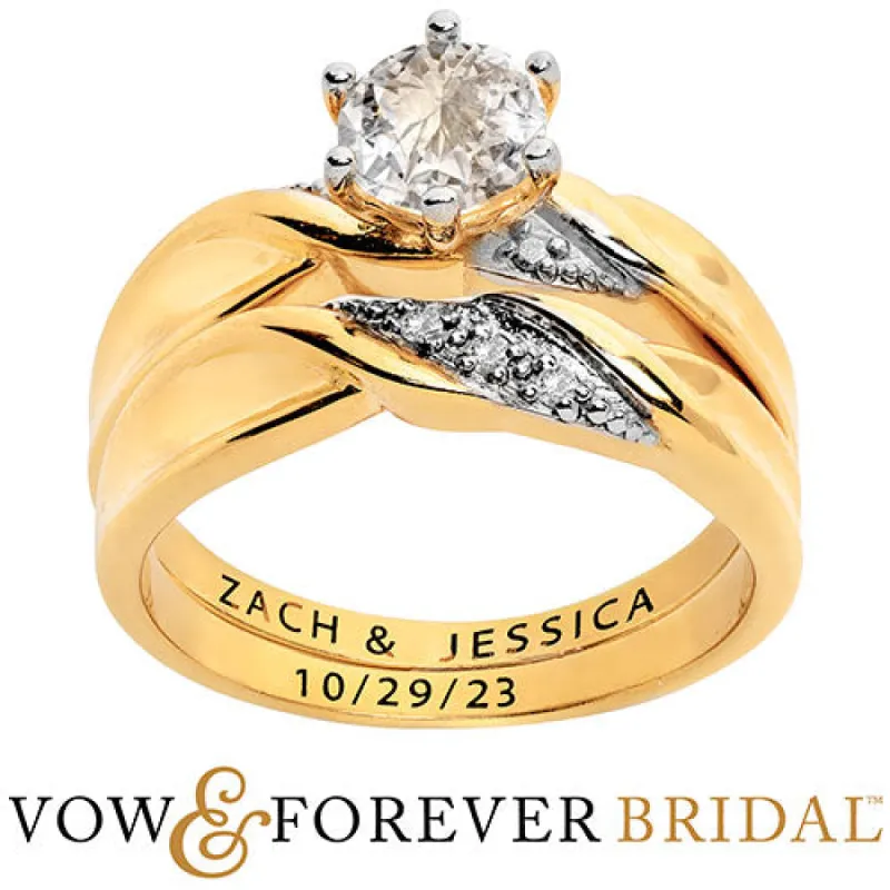 14K Gold over Sterling Round White Topaz Diamond Accent 2-Piece Engraved Wedding Ring Set sold by Limoges Jewelry