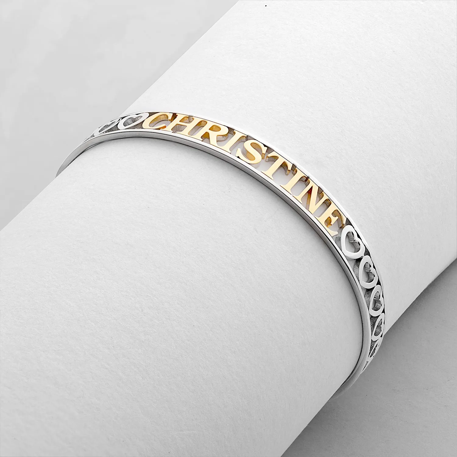 Two-Tone Sterling Silver and Yellow Gold Name Cuff with Hearts sold by Limoges Jewelry product image thumbnail 2