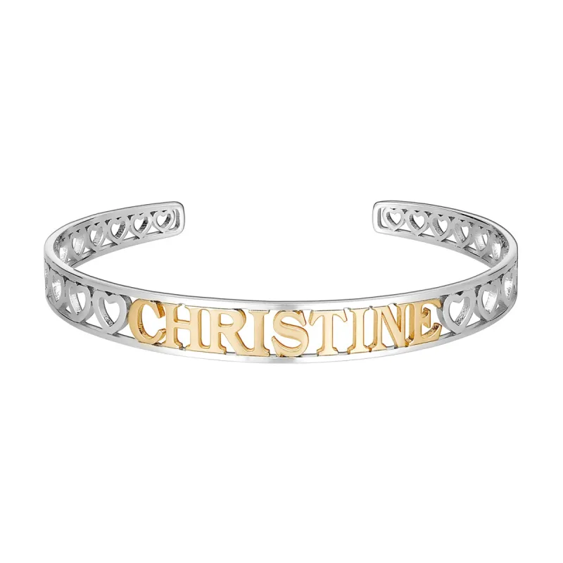 Two-Tone Sterling Silver and Yellow Gold Name Cuff with Hearts sold by Limoges Jewelry