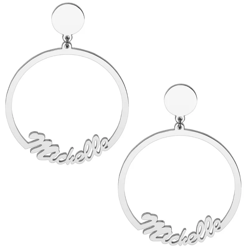 Silver Plated Script Name with Circle Dangle Earrings sold by Limoges Jewelry